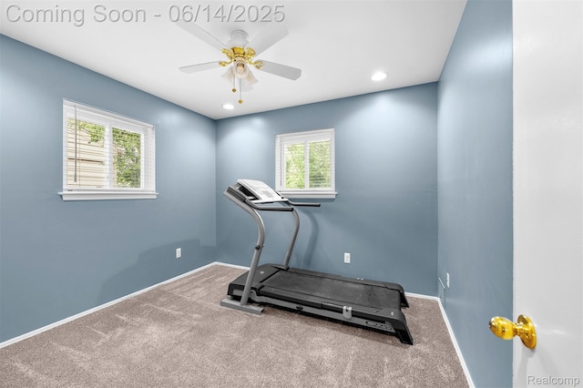 23312 Shoreview St, Saint Clair Shores, MI 48082 - workout room with ceiling fan, carpet floors, and recessed lighting