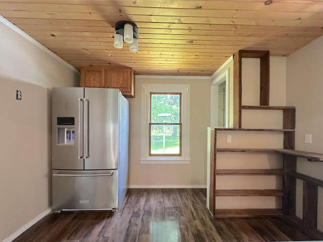315 E Spruce St, Marshall, MI 49068 - kitchen featuring high quality fridge, wooden ceiling, dark wood-style flooring, baseboards, and brown cabinets