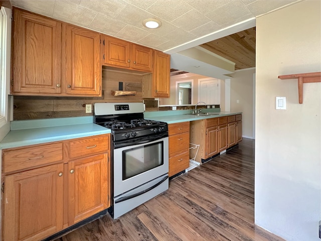 315 E Spruce St, Marshall, MI 49068 - kitchen with gas stove, dark wood-style flooring, light countertops, and a sink