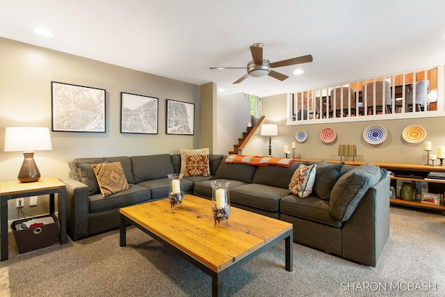 3348 Clearview Ln, Saugatuck, MI 49453 - carpeted living room with a ceiling fan and recessed lighting