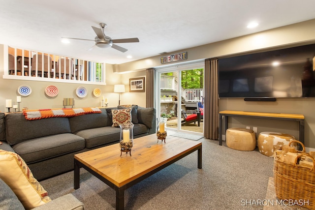 3348 Clearview Ln, Saugatuck, MI 49453 - living area featuring carpet, ceiling fan, and recessed lighting