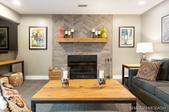 3348 Clearview Ln, Saugatuck, MI 49453 - living room with carpet, baseboards, a tile fireplace, and recessed lighting