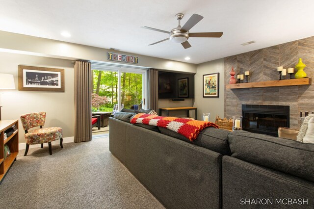 3348 Clearview Ln, Saugatuck, MI 49453 - living area with a ceiling fan, baseboards, a fireplace, carpet floors, and recessed lighting