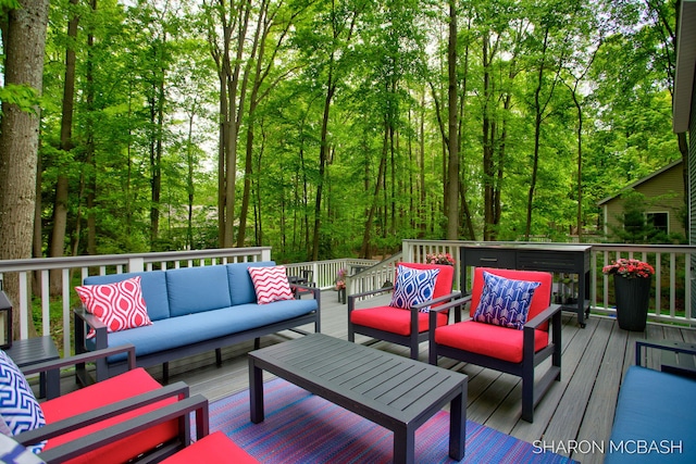 3348 Clearview Ln, Saugatuck, MI 49453 - wooden terrace with outdoor lounge area and a wooded view