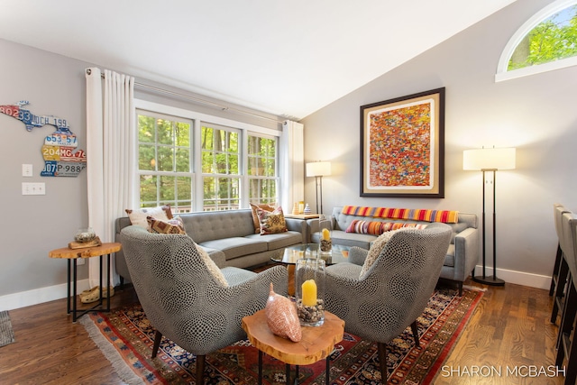 3348 Clearview Ln, Saugatuck, MI 49453 - living room featuring lofted ceiling, baseboards, and wood finished floors