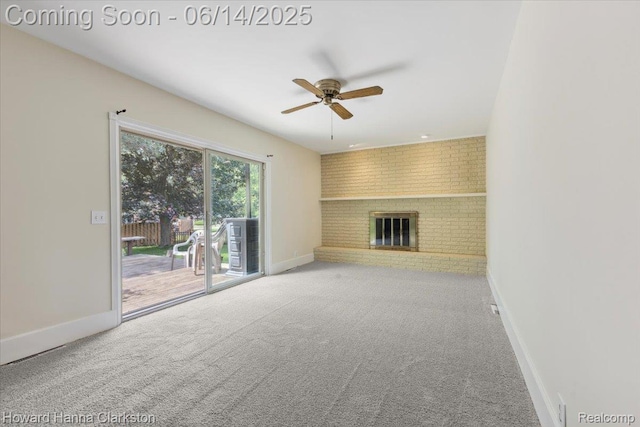 5045 Bronco Dr, Clarkston, MI 48346 - unfurnished living room featuring a brick fireplace, ceiling fan, and carpet