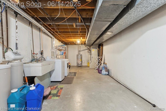 5045 Bronco Dr, Clarkston, MI 48346 - unfinished below grade area featuring gas water heater, washing machine and dryer, and a water softener system