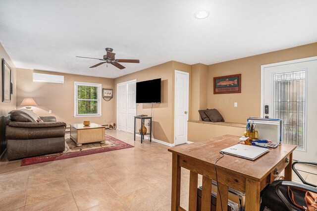 731 13 Mile Rd NW, Sparta, MI 49345 - living area with a wall mounted air conditioner, a ceiling fan, light tile patterned floors, baseboards, and a baseboard radiator