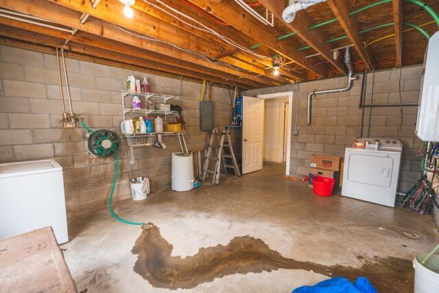 14656 Hersey Rd, Hersey, MI 49639 - unfinished basement with washer and clothes dryer, concrete block wall, and refrigerator