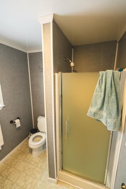 14656 Hersey Rd, Hersey, MI 49639 - bathroom featuring a shower stall, toilet, and tile patterned floors