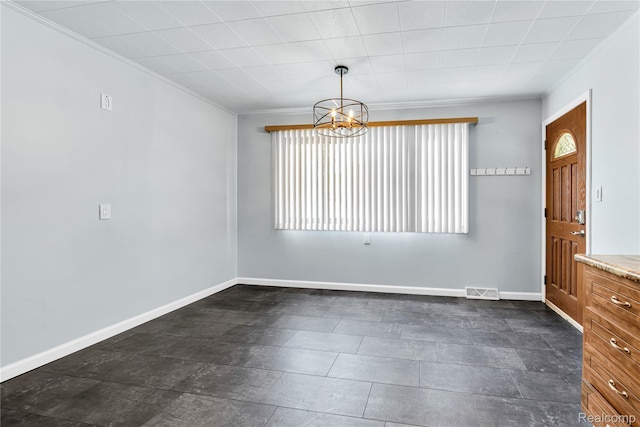 26500 Grant St, Saint Clair Shores, MI 48081 - unfurnished dining area with crown molding, a chandelier, and baseboards