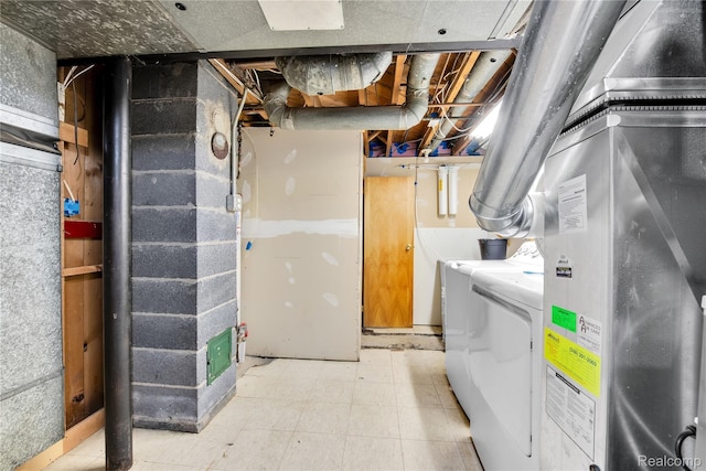 26500 Grant St, Saint Clair Shores, MI 48081 - unfinished below grade area with washer / clothes dryer, light floors, and heating unit