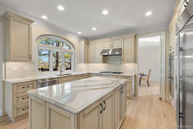 3013 Heron Pl, Bloomfield Hills, MI 48302 - kitchen with a sink, appliances with stainless steel finishes, under cabinet range hood, light wood-style floors, and a kitchen island