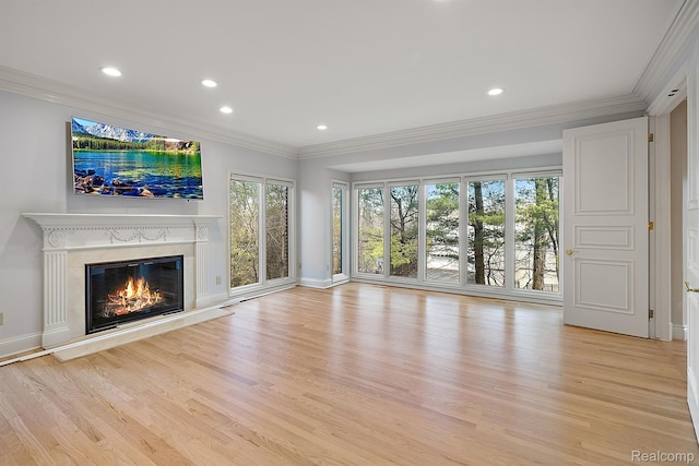 3013 Heron Pl, Bloomfield Hills, MI 48302 - unfurnished living room featuring ornamental molding, light wood-type flooring, recessed lighting, a fireplace, and baseboards