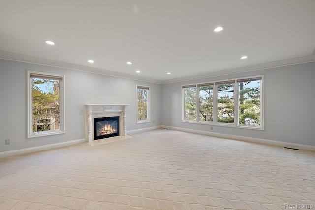 3013 Heron Pl, Bloomfield Hills, MI 48302 - unfurnished living room with crown molding, baseboards, recessed lighting, a fireplace, and light colored carpet