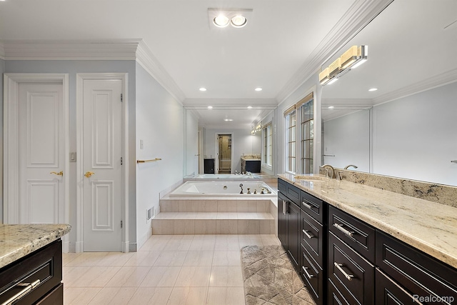 3013 Heron Pl, Bloomfield Hills, MI 48302 - bathroom with ornamental molding, vanity, a whirlpool tub, recessed lighting, and baseboards