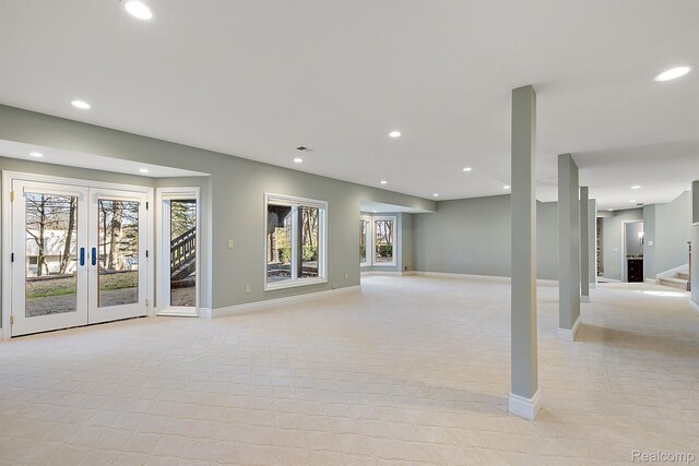 3013 Heron Pl, Bloomfield Hills, MI 48302 - basement featuring light carpet, recessed lighting, french doors, baseboards, and stairs
