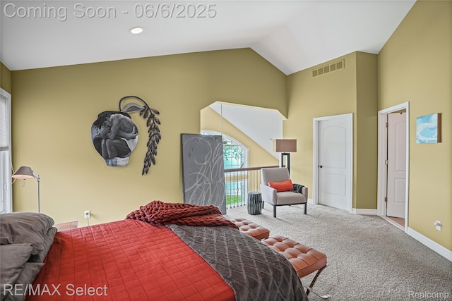 15496 Bealfred Dr, Fenton, MI 48430 - carpeted bedroom featuring high vaulted ceiling and baseboards