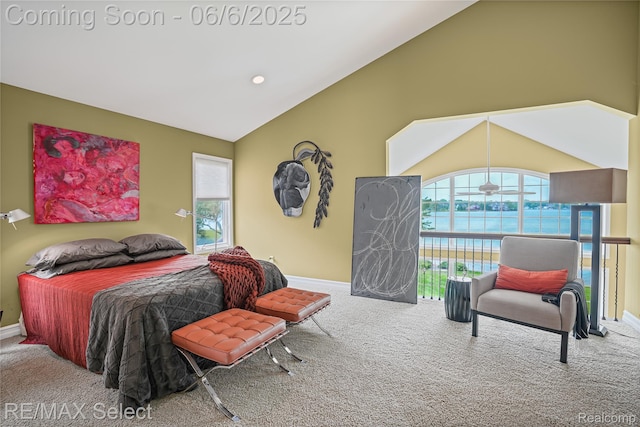 15496 Bealfred Dr, Fenton, MI 48430 - carpeted bedroom with vaulted ceiling, multiple windows, and baseboards
