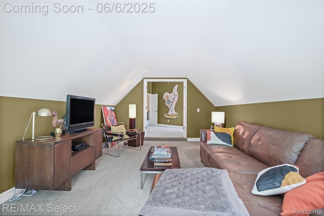 15496 Bealfred Dr, Fenton, MI 48430 - living area featuring light carpet, lofted ceiling, and baseboards