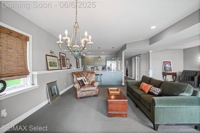 15496 Bealfred Dr, Fenton, MI 48430 - living room featuring a chandelier, baseboards, recessed lighting, and dark colored carpet