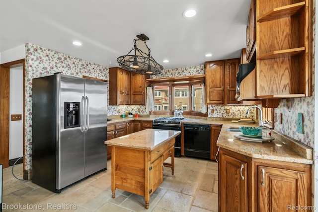 2995 Venice, Highland, MI 48356 - kitchen featuring stainless steel fridge with ice dispenser, dishwasher, wallpapered walls, a sink, and open shelves