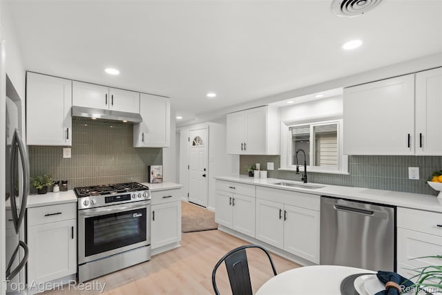 38479 Albert Blvd, Clinton Township, MI 48036 - kitchen featuring stainless steel appliances, a sink, under cabinet range hood, tasteful backsplash, and recessed lighting