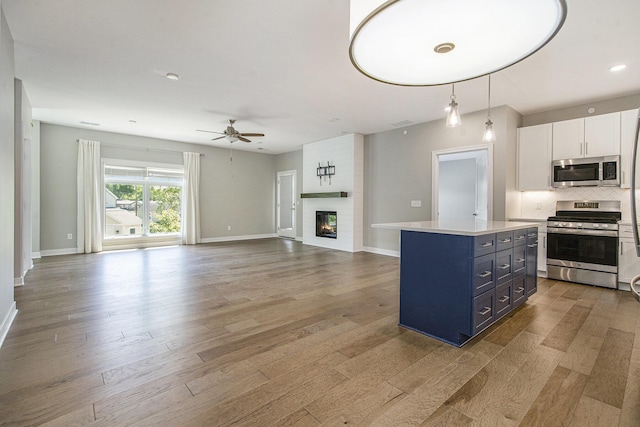 603 Woodland, Dexter, MI 48130 - kitchen with appliances with stainless steel finishes, a ceiling fan, wood finished floors, a fireplace, and recessed lighting