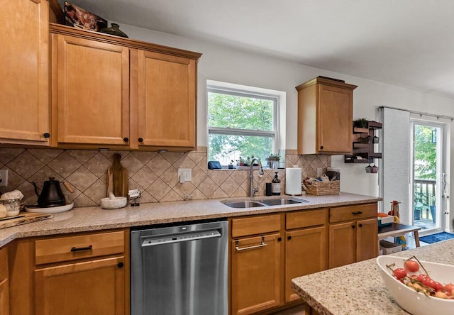 5855 Larson Ln, Muskegon, MI 49444 - kitchen featuring dishwasher, a sink, plenty of natural light, and backsplash