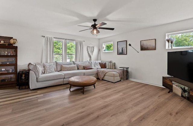 5855 Larson Ln, Muskegon, MI 49444 - living room featuring ceiling fan, light wood-style floors, and baseboards