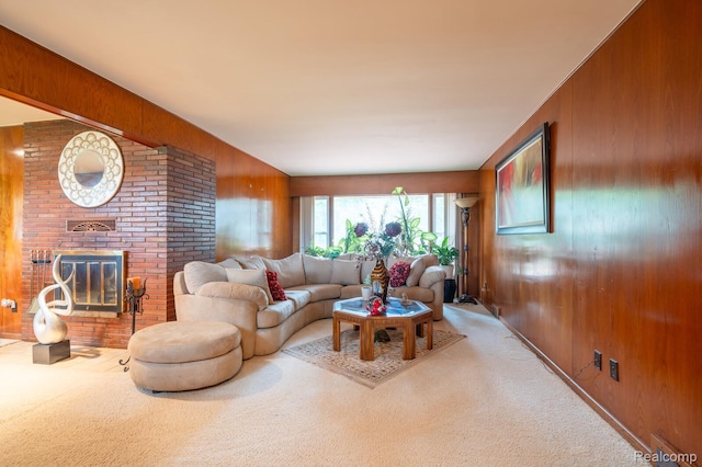 19419 Coral Gables St, Southfield, MI 48076 - living room with wooden walls, carpet, and a fireplace