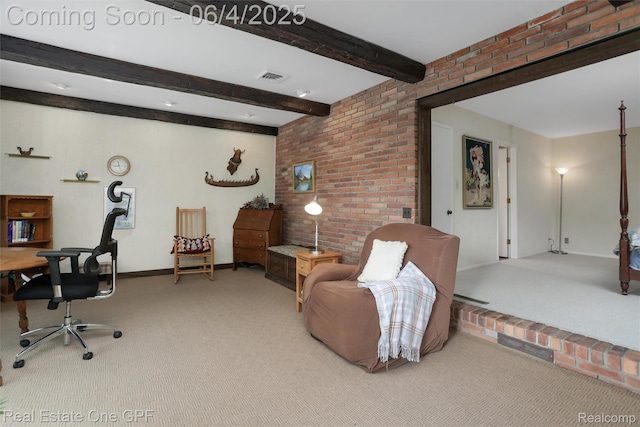 439 Barclay Rd, Grosse Pointe Farms, MI 48236 - carpeted office with baseboards, beamed ceiling, and brick wall