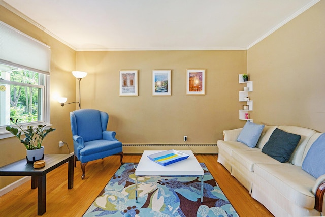 2305 S Circle Dr, Ann Arbor, MI 48103 - living room featuring ornamental molding, wood finished floors, and a baseboard radiator