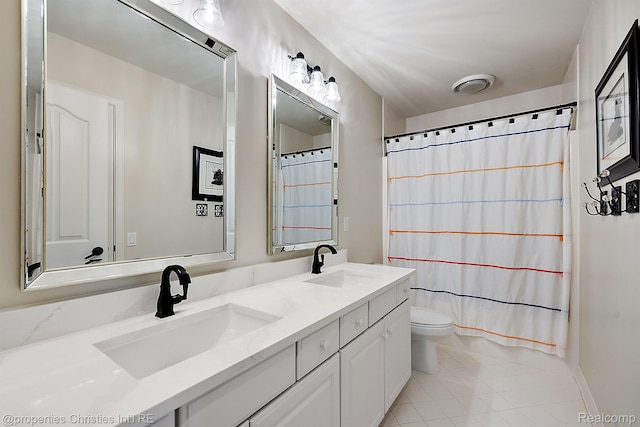 1707 Mountain Ash Dr, West Bloomfield, MI 48324 - bathroom featuring double vanity, toilet, tile patterned floors, and a shower with curtain