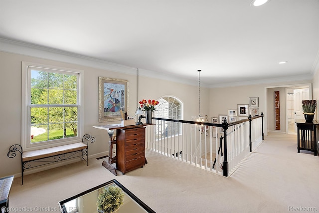 1707 Mountain Ash Dr, West Bloomfield, MI 48324 - hall featuring carpet floors, ornamental molding, baseboards, plenty of natural light, and an upstairs landing