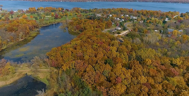 view of property location featuring a forest and a large body of water