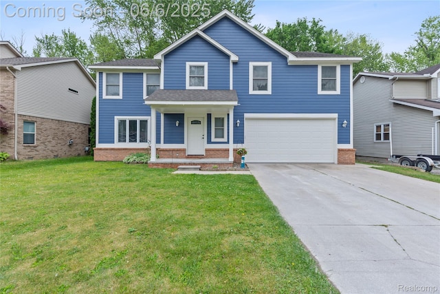 39650 Macomber St, Harrison Township, MI 48045 - traditional-style home featuring brick siding, a garage, concrete driveway, a front yard, and roof with shingles