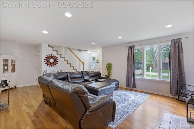 39650 Macomber St, Harrison Township, MI 48045 - living room featuring light wood finished floors, stairway, recessed lighting, and baseboards