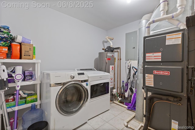 39650 Macomber St, Harrison Township, MI 48045 - laundry room with washing machine and dryer, electric panel, gas water heater, and light tile patterned floors