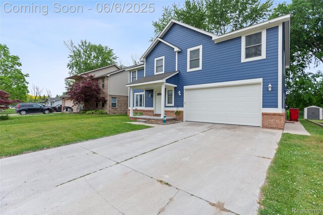 39650 Macomber St, Harrison Township, MI 48045 - traditional-style house with brick siding, an attached garage, a front yard, and driveway