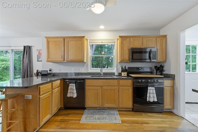 39650 Macomber St, Harrison Township, MI 48045 - kitchen with stainless steel microwave, dishwasher, black stove, a sink, and a peninsula