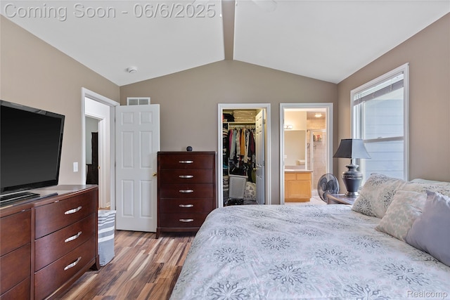 39650 Macomber St, Harrison Township, MI 48045 - bedroom featuring wood finished floors, lofted ceiling, a spacious closet, a closet, and ensuite bathroom