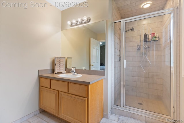 39650 Macomber St, Harrison Township, MI 48045 - bathroom featuring vanity, a stall shower, tile patterned flooring, and baseboards