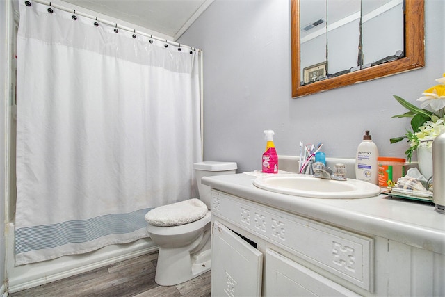 236 Mary St, Plainwell, MI 49080 - full bath with toilet, vanity, wood finished floors, and shower / bath combination with curtain