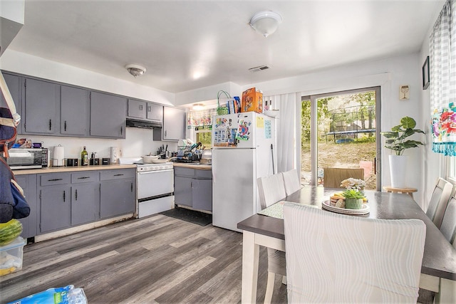 236 Mary St, Plainwell, MI 49080 - kitchen featuring white appliances, gray cabinetry, wood finished floors, under cabinet range hood, and light countertops