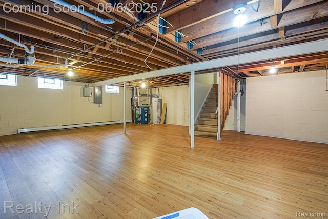 11641 Juniper Dr, Van Buren, MI 48111 - basement with stairs, electric panel, wood finished floors, a baseboard radiator, and gas water heater