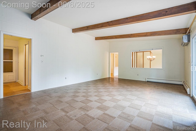 11641 Juniper Dr, Van Buren, MI 48111 - spare room featuring a chandelier, a wall mounted air conditioner, beamed ceiling, and a baseboard radiator