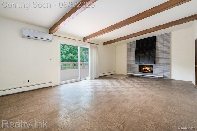 11641 Juniper Dr, Van Buren, MI 48111 - unfurnished living room featuring an AC wall unit, baseboard heating, beamed ceiling, a brick fireplace, and a baseboard radiator