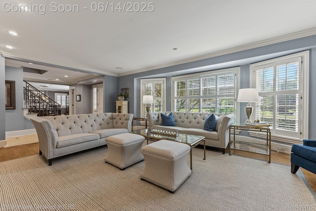 457 N Cranbrook Rd, Bloomfield Hills, MI 48301 - living area featuring stairs, light wood finished floors, ornamental molding, and recessed lighting