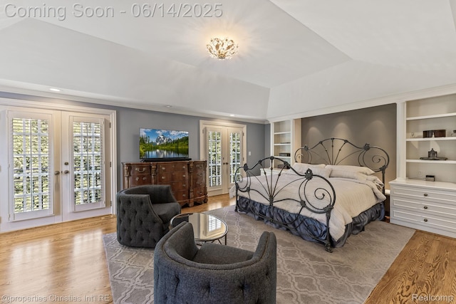 457 N Cranbrook Rd, Bloomfield Hills, MI 48301 - bedroom featuring french doors, access to outside, wood finished floors, vaulted ceiling, and recessed lighting